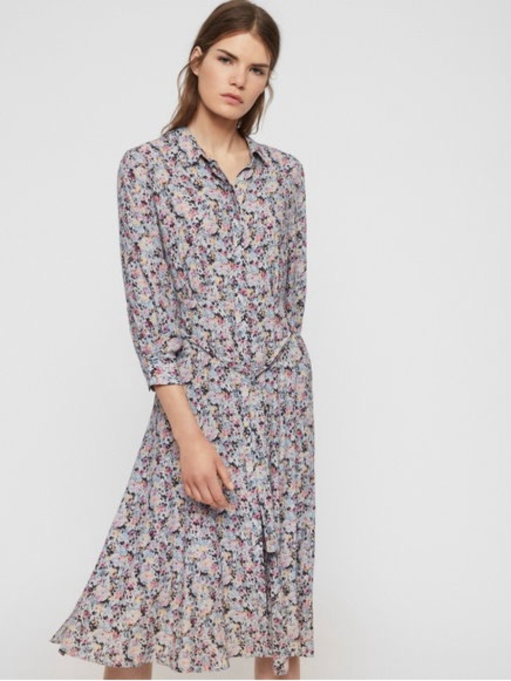 Allsaints Chiara Floral Sketch Print Collared Midi Dress in Light Lavender
